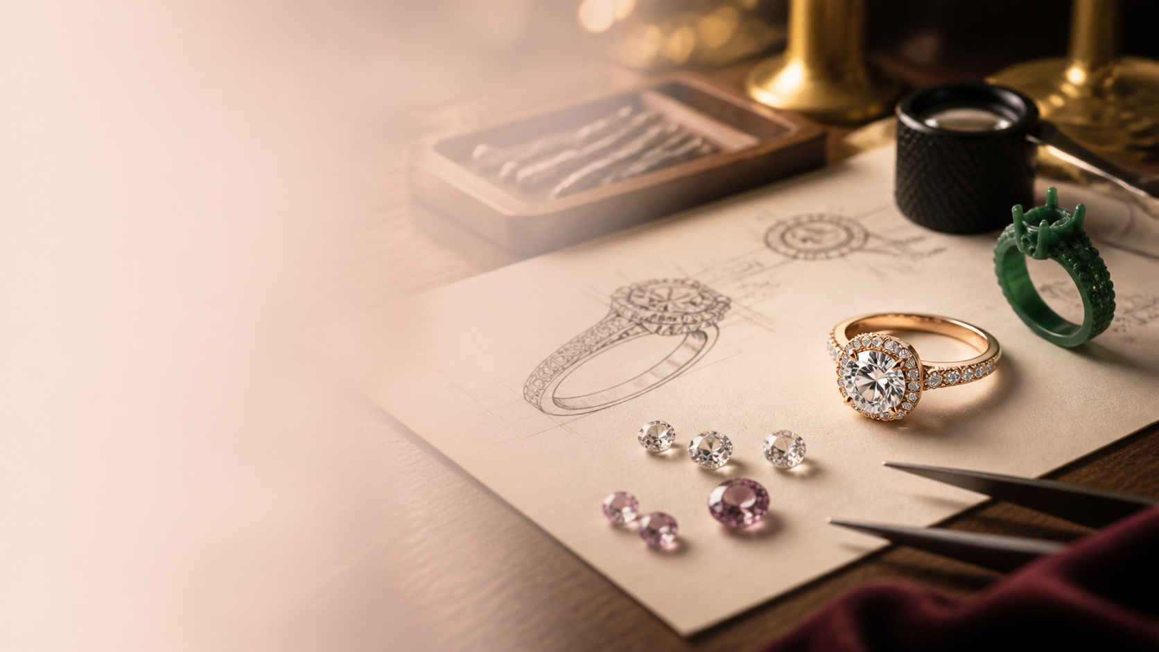 Custom jewelry sketch, stones, wax model, and finished ring at A&J Jewelers