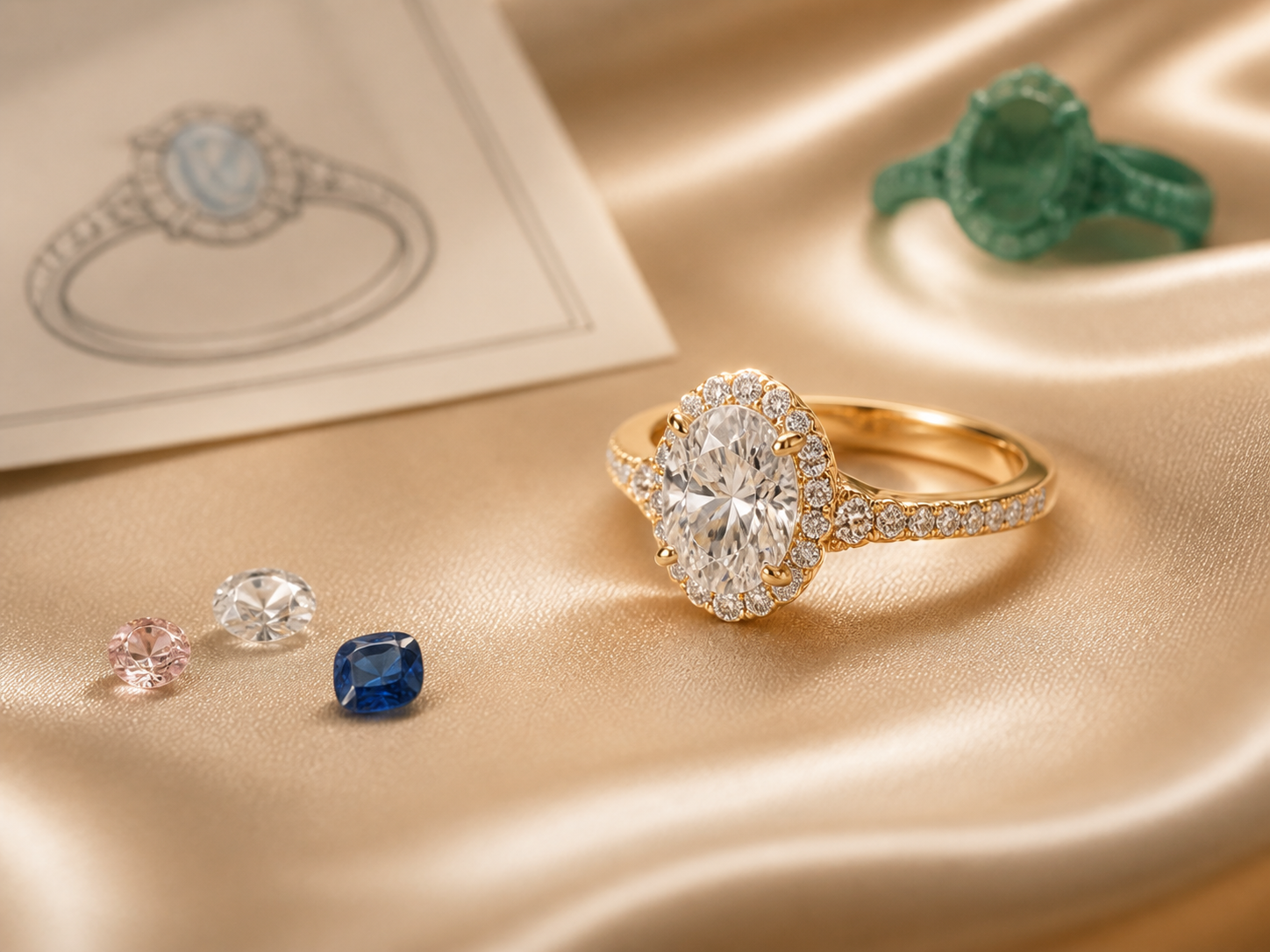 Custom jewelry sketch and finished ring at A&J Jewelers